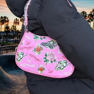 Ed Hardy Pink Tattoo Print Shoulder Bag Y2K Skulls Roses Baguette Bag NEW